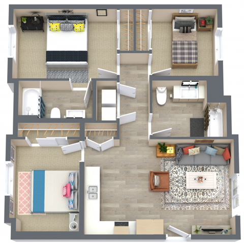 Floor plan for 3 beds, 2 baths, 1084 sqft